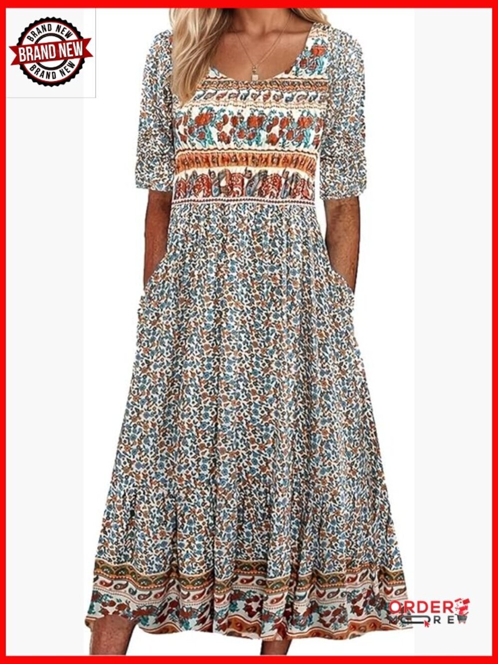 Boho Floral Maxi Dress with Pockets V-Neck Short Sleeve A-Line Summer